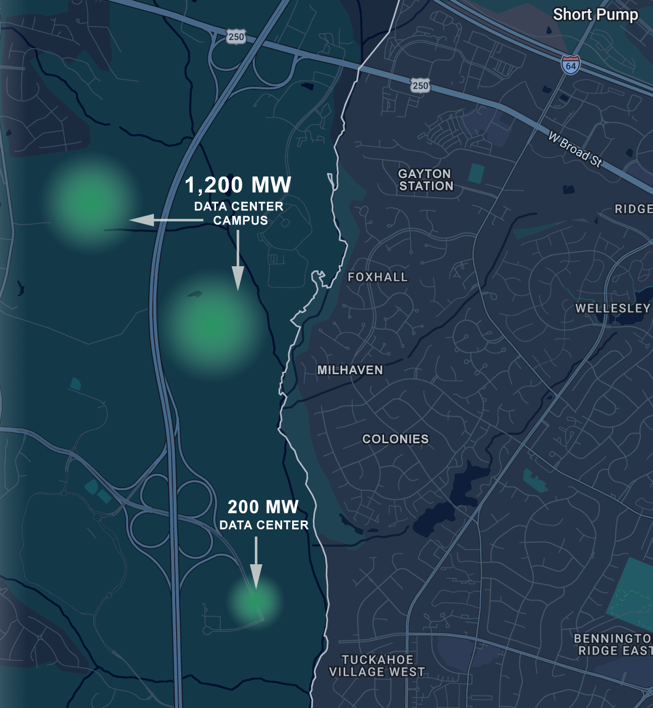 Regional map showing data center developments